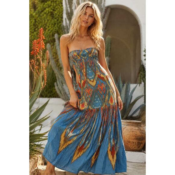 Free People Dresses & Skirts - Free People Ikat Open Back Strapless Maxi Dress Boho Festival Large Blue Coastal